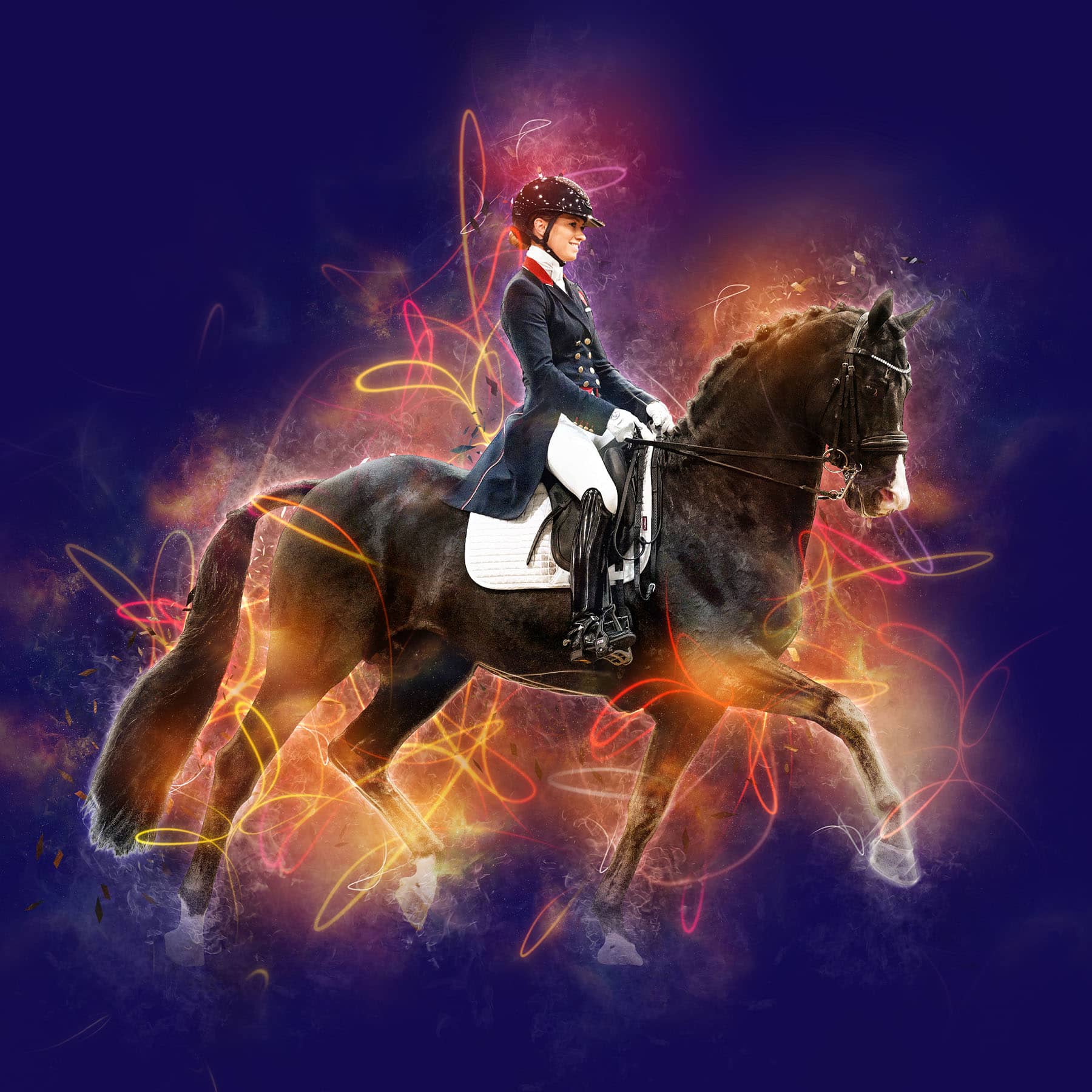 A rider in formal attire performs dressage on a dark horse, surrounded by vibrant neon swirls and a smoky backdrop, creating a dynamic and energetic scene.