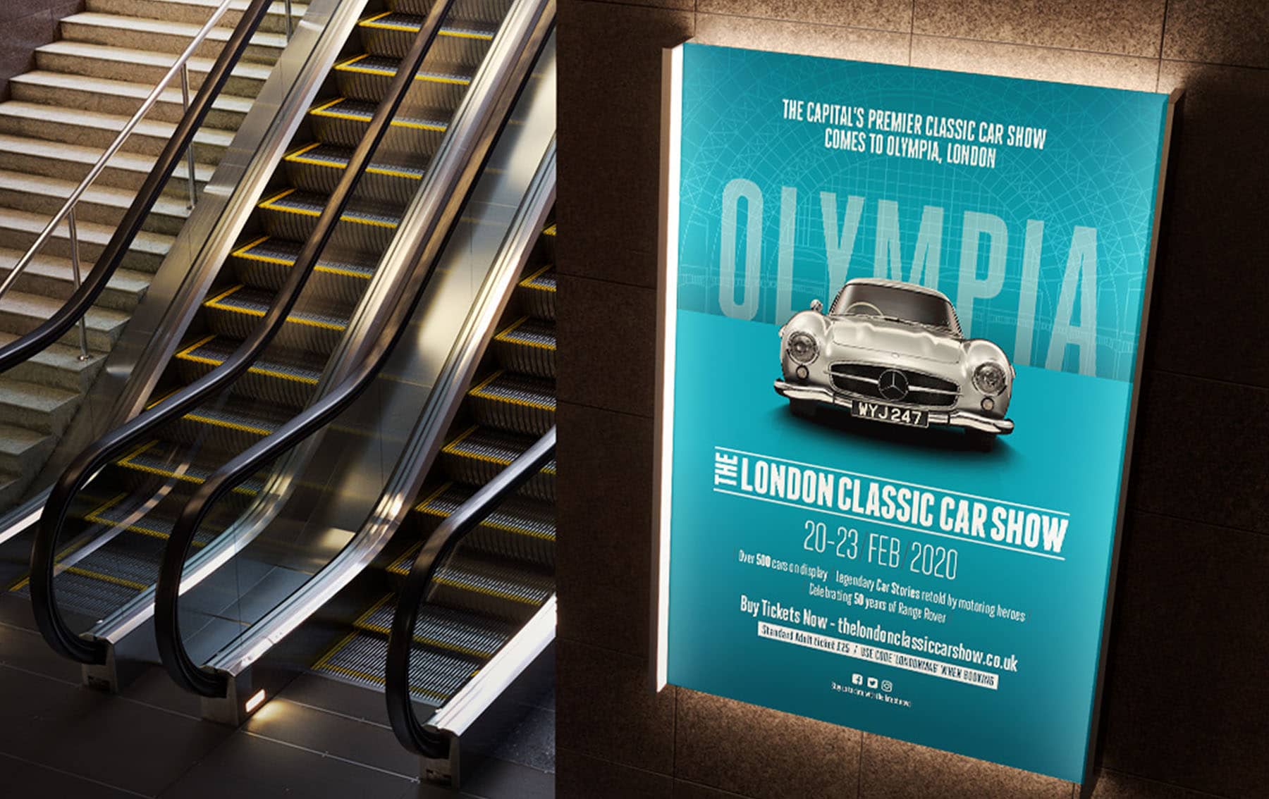 An escalator ascends towards a large poster promoting the Olympia event