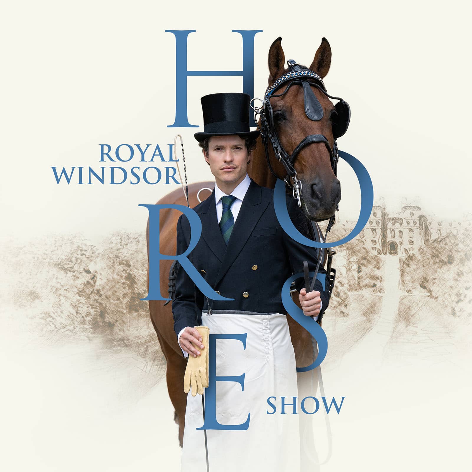man in a top hat and black coat holds a horse, showcasing a classic, elegant style in a rural setting